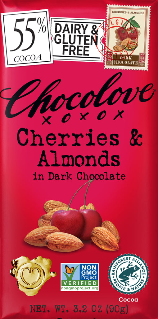 (BBD Jun 2024) CHOCOLOVE, Cherries & Almonds in Dark Chocolate (55% Cocoa) Dairy & Gluten Free (90g)