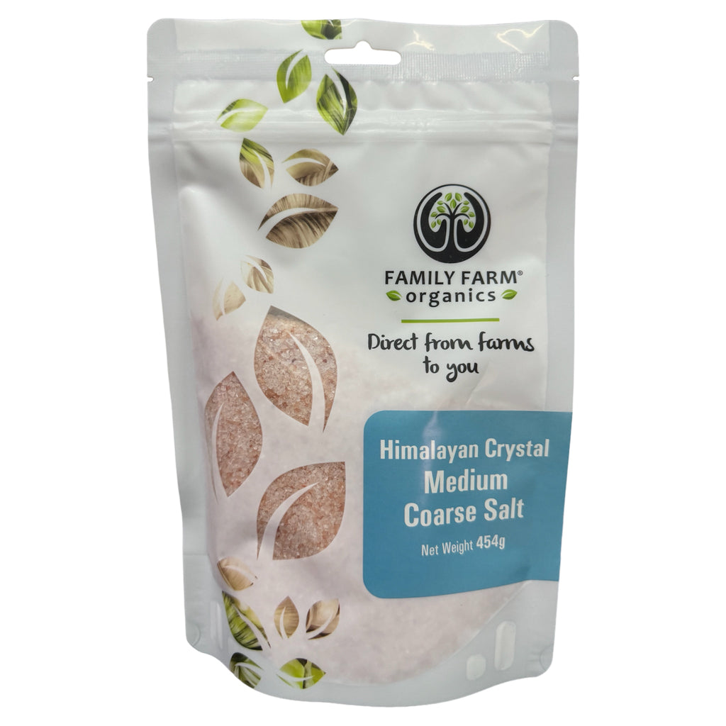 Himalayan Crystal Salt (Medium Coarse, Granules Size 0.5-2mm), Family Farm Organics (454g)