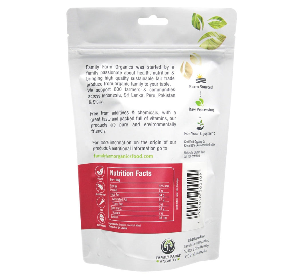 Organic Raw Coconut Chips / Flakes, Family Farm Organics (150g) - Hu Organics